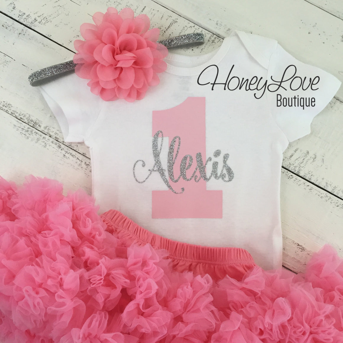 Personalized 1st Birthday Outfit - Silver/Gold glitter and Coral Pink - HoneyLoveBoutique