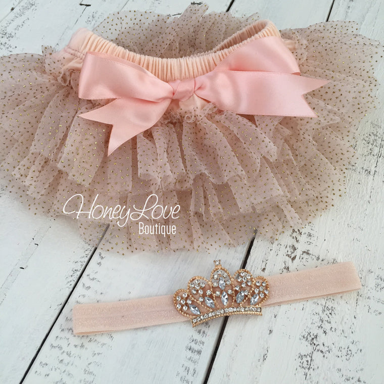 Peach and Gold glitter tutu skirt bloomers and tiara headband - HoneyLoveBoutique