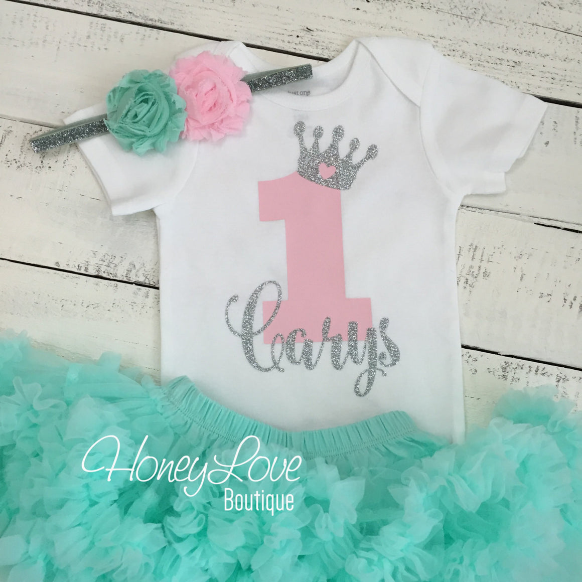 Personalized 1st Birthday Princess Outfit - Silver Glitter, Light Pink and Mint/Aqua - HoneyLoveBoutique