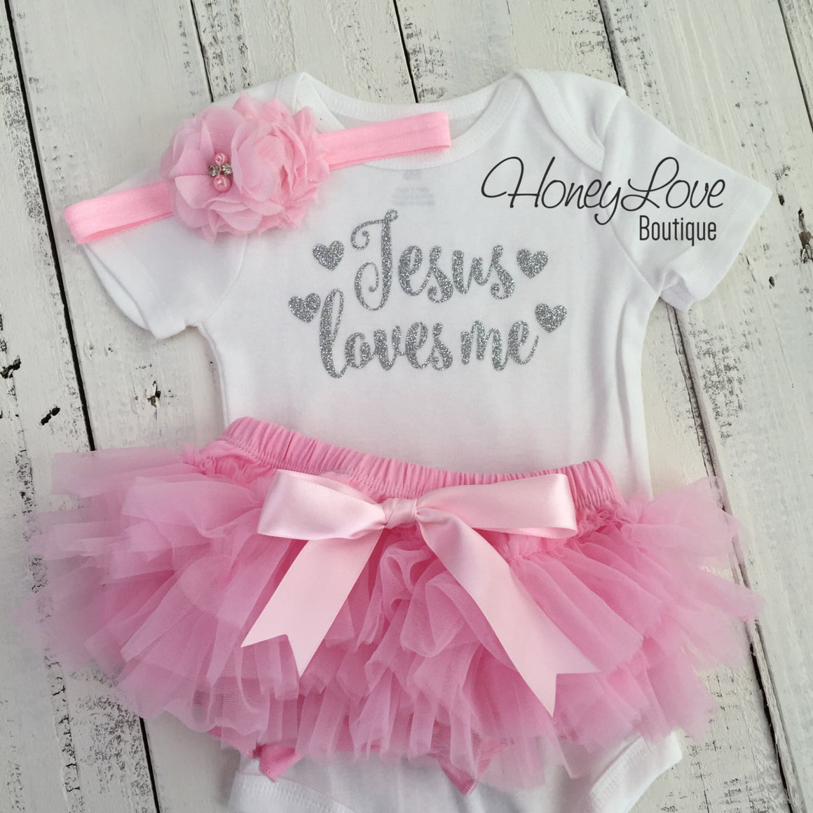 Jesus loves me Outfit Set - Silver/Gold glitter and Light Pink - HoneyLoveBoutique