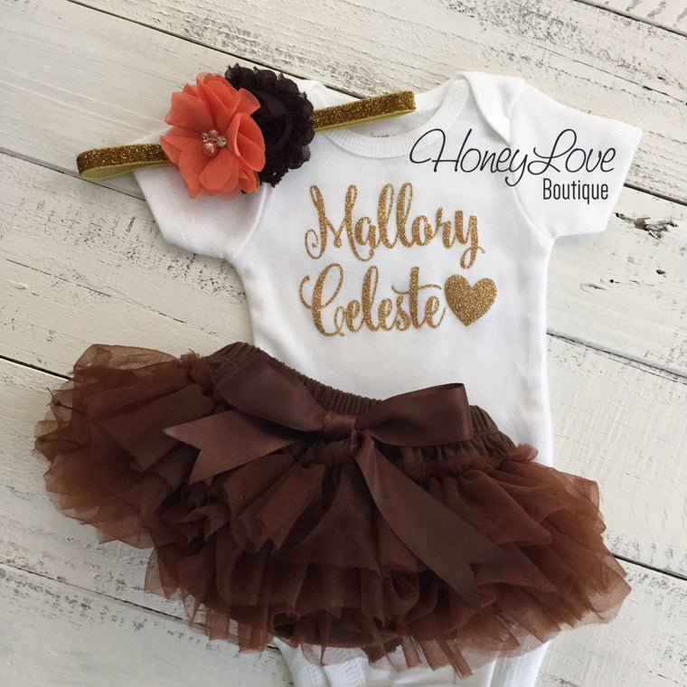 PERSONALIZED Name Outfit - Gold Glitter, Brown and Orange - HoneyLoveBoutique