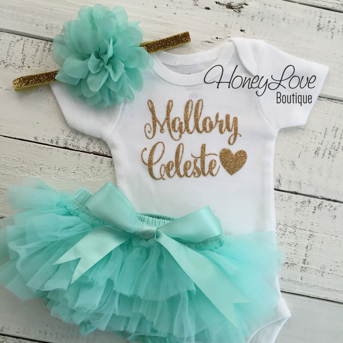 PERSONALIZED Name Outfit - Gold Glitter and Mint/Aqua - HoneyLoveBoutique