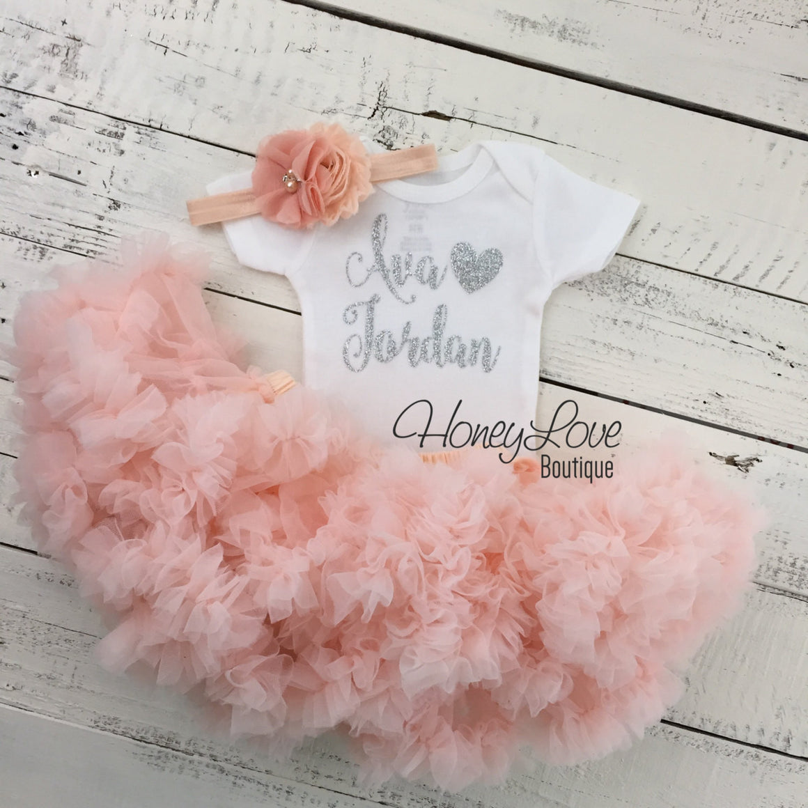 PERSONALIZED Name Outfit - Silver Glitter and Peach Pettiskirt - HoneyLoveBoutique