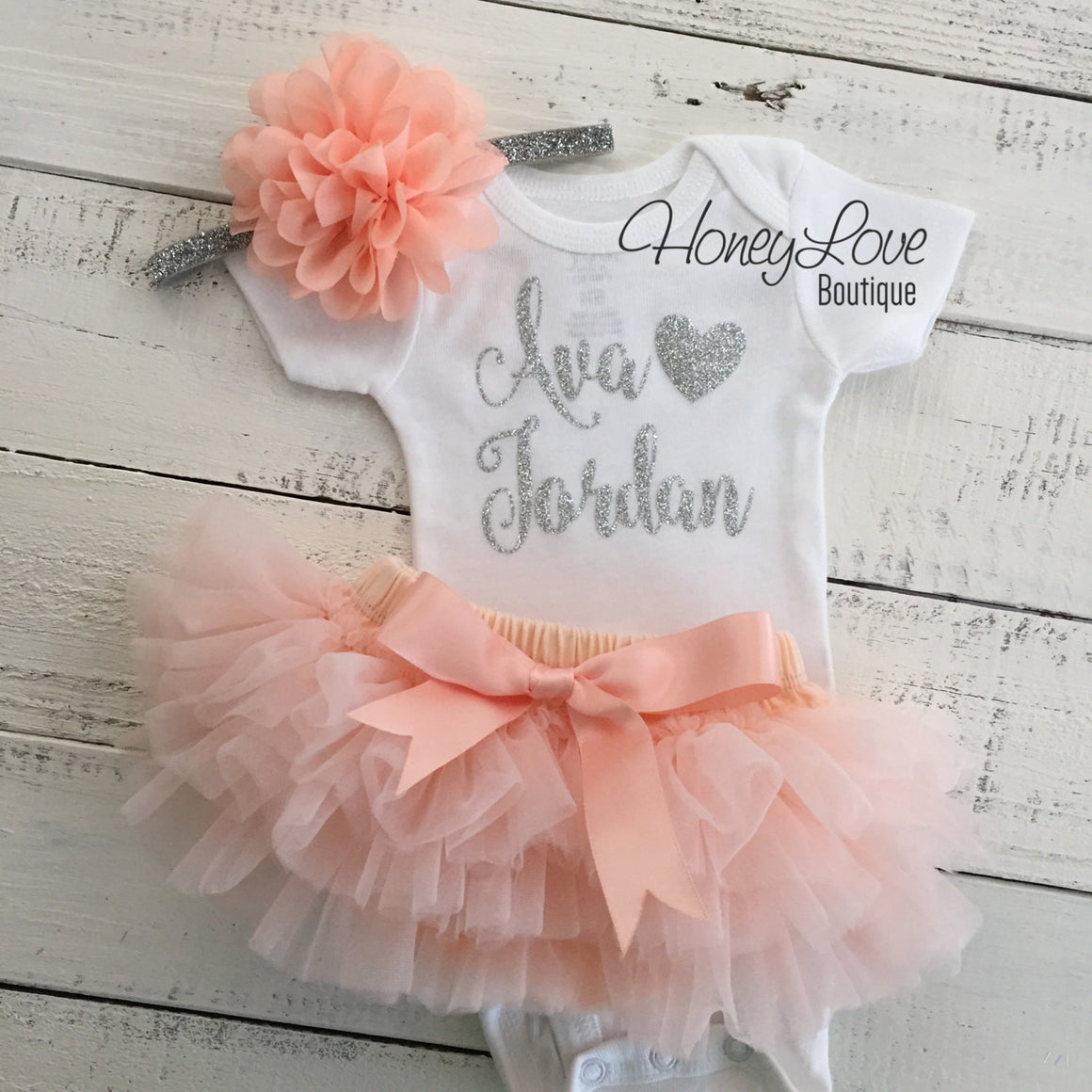PERSONALIZED Name Outfit - Silver Glitter and Peach - HoneyLoveBoutique