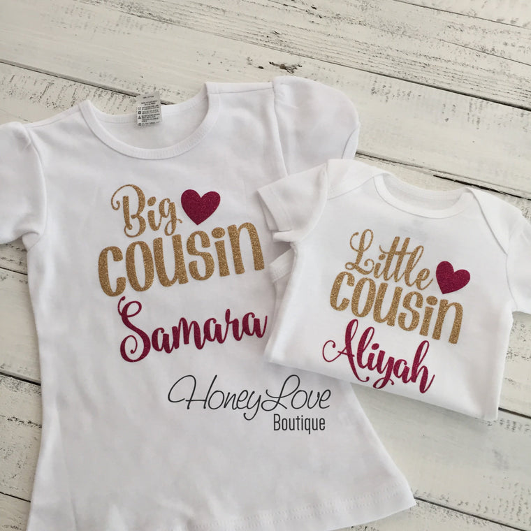 PERSONALIZED Cousin Bodysuits and Shirts - Gold Gllitter and Dark Pink Glitter - HoneyLoveBoutique