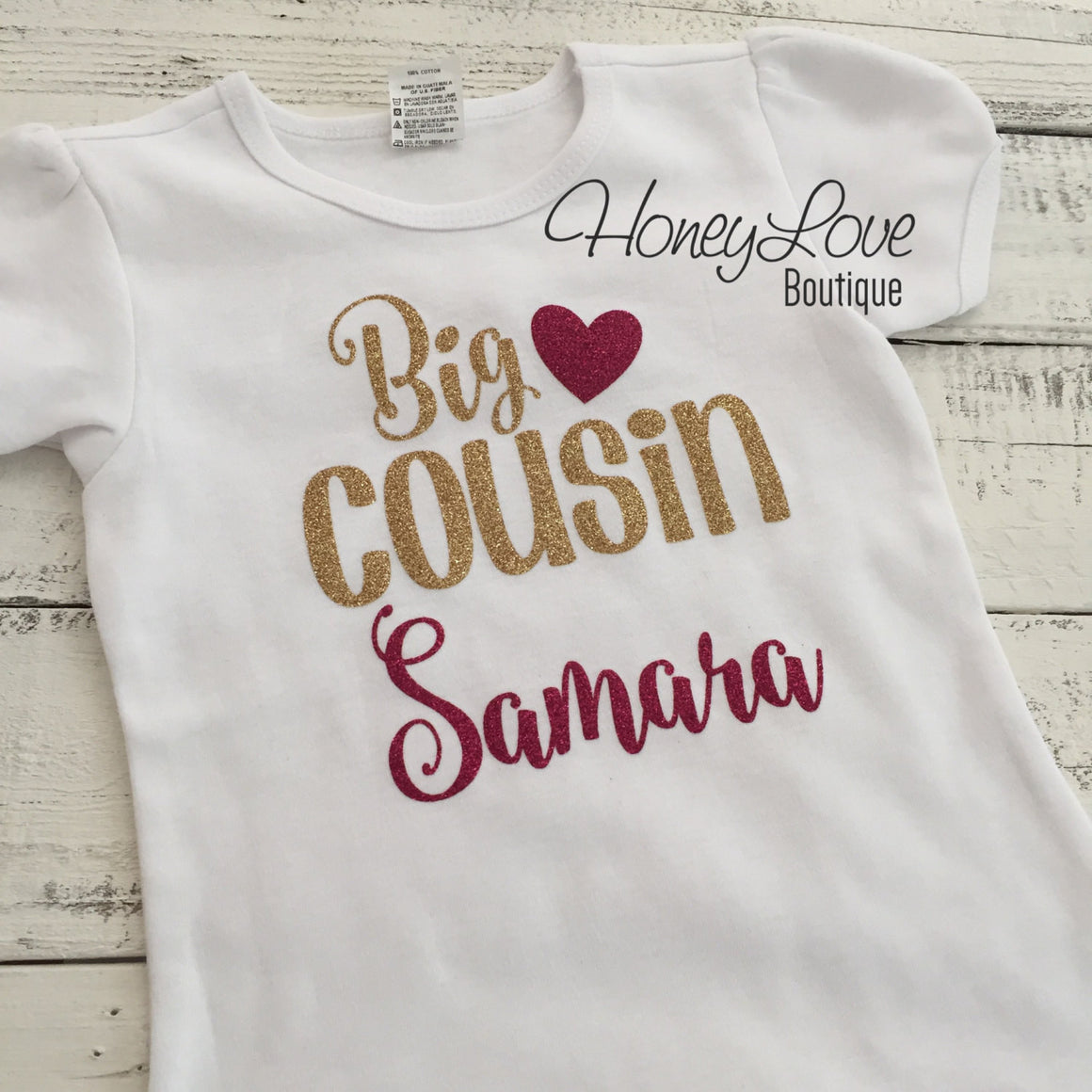 PERSONALIZED Cousin Bodysuits and Shirts - Gold Gllitter and Dark Pink Glitter - HoneyLoveBoutique