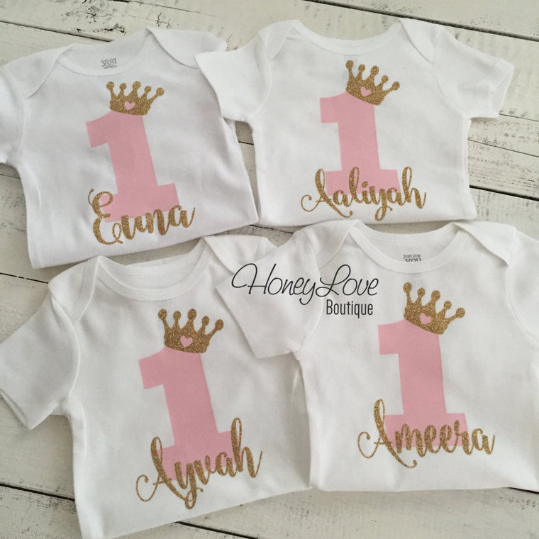 Personalized First Birthday Princess Bodysuit - Light Pink and Gold glitter - HoneyLoveBoutique