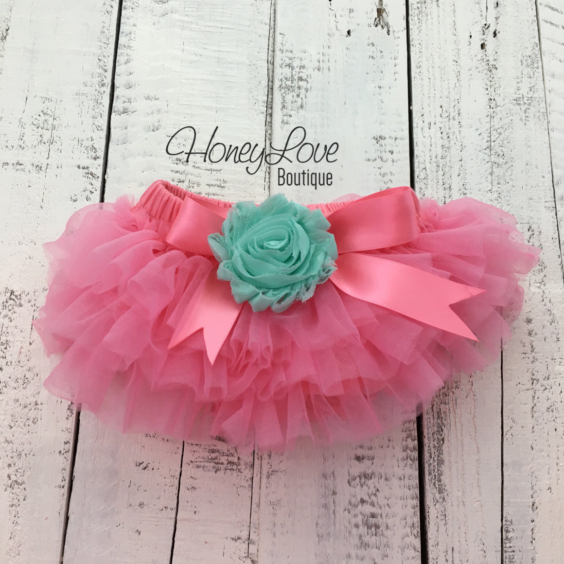 PERSONALIZED Name Outfit - Coral Pink and Gold Glitter - Mint/Aqua flower embellished tutu skirt bloomers - HoneyLoveBoutique