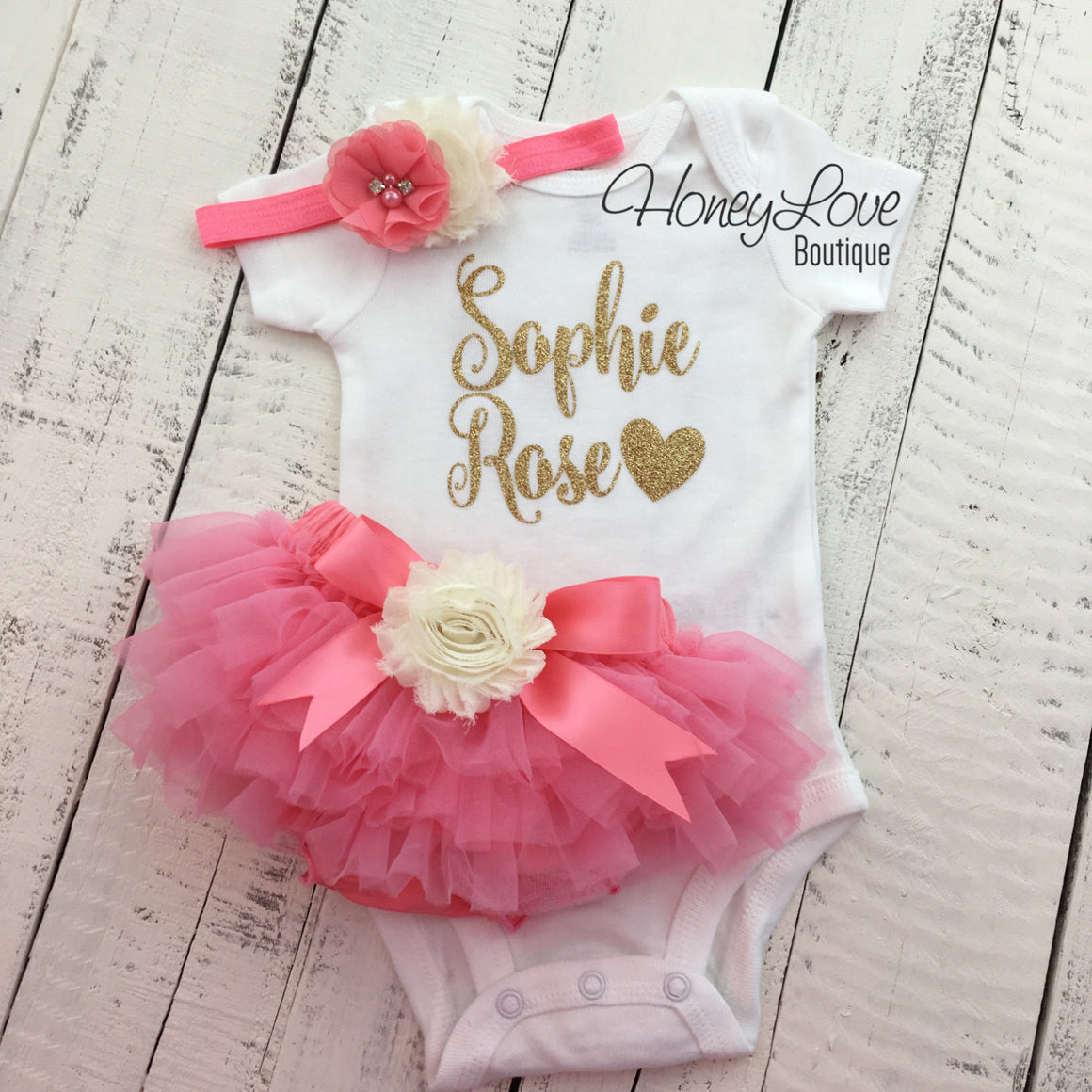 PERSONALIZED Name Outfit - Coral Pink and Gold Glitter - Ivory flower embellished tutu skirt bloomers - HoneyLoveBoutique