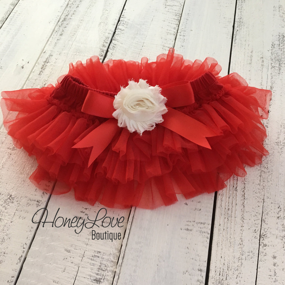 Red/Ivory Embellished tutu skirt bloomers and Gold/Silver glitter headband - HoneyLoveBoutique