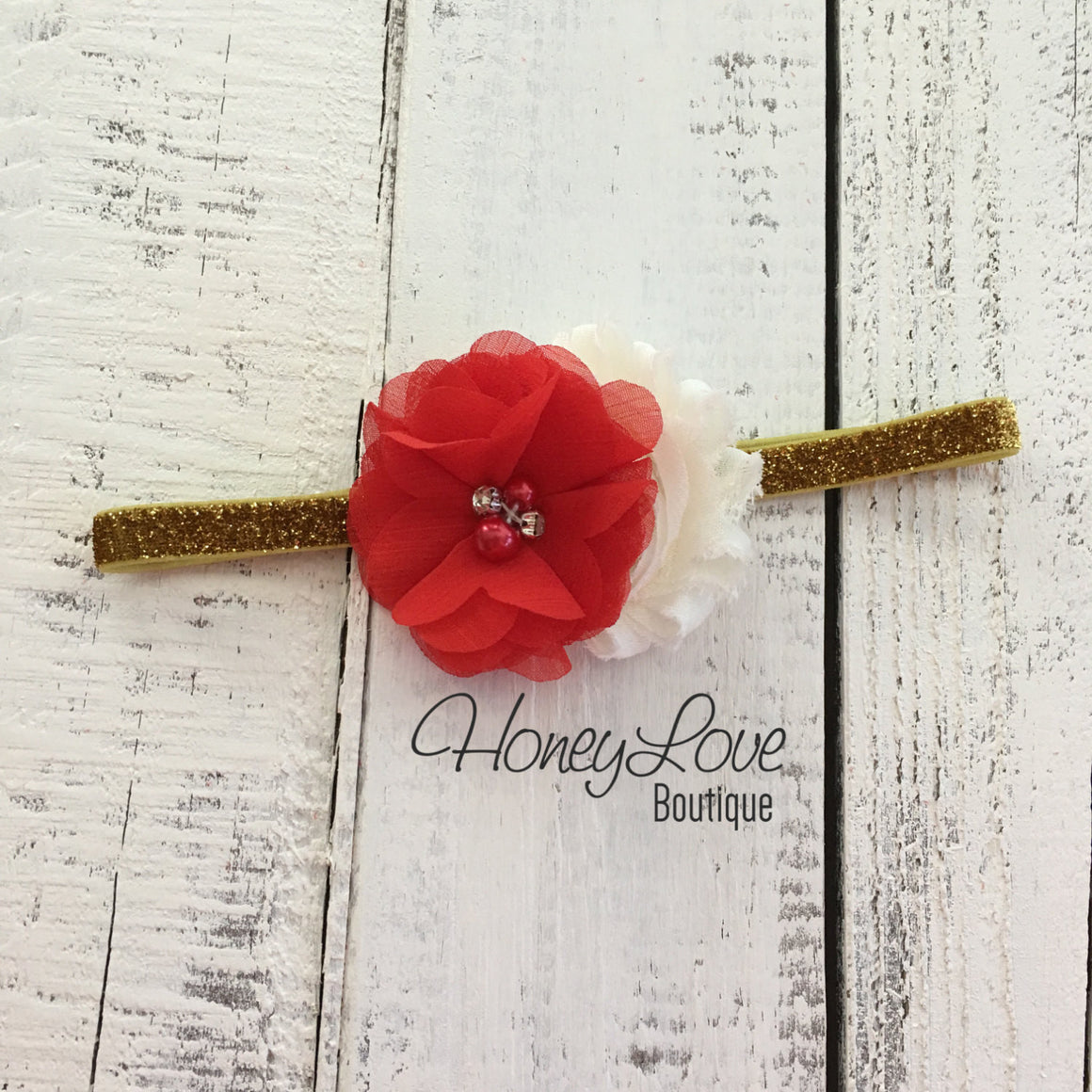 Red/Ivory Embellished tutu skirt bloomers and Gold/Silver glitter headband - HoneyLoveBoutique