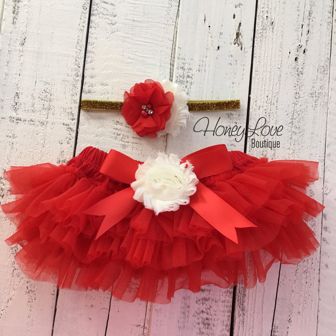 Red/Ivory Embellished tutu skirt bloomers and Gold/Silver glitter headband - HoneyLoveBoutique