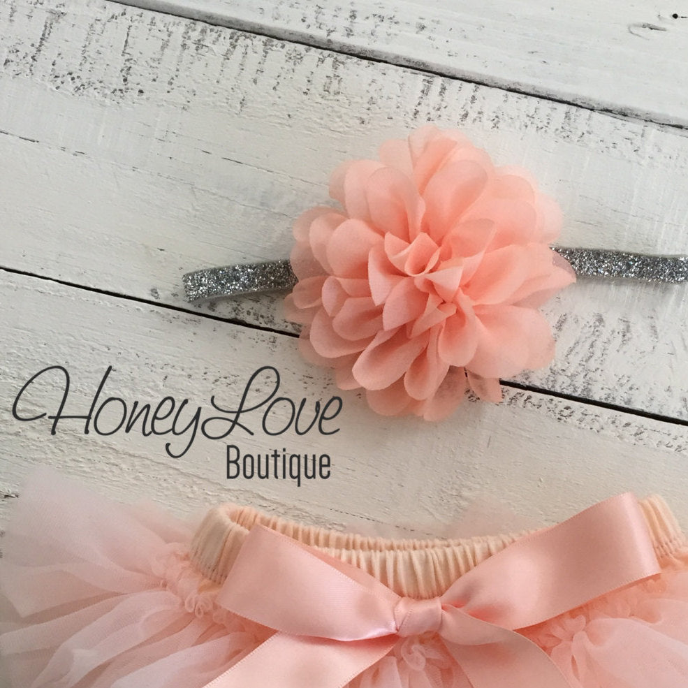 Peach fluffy flower headband - SILVER/GOLD glitter elastic - HoneyLoveBoutique