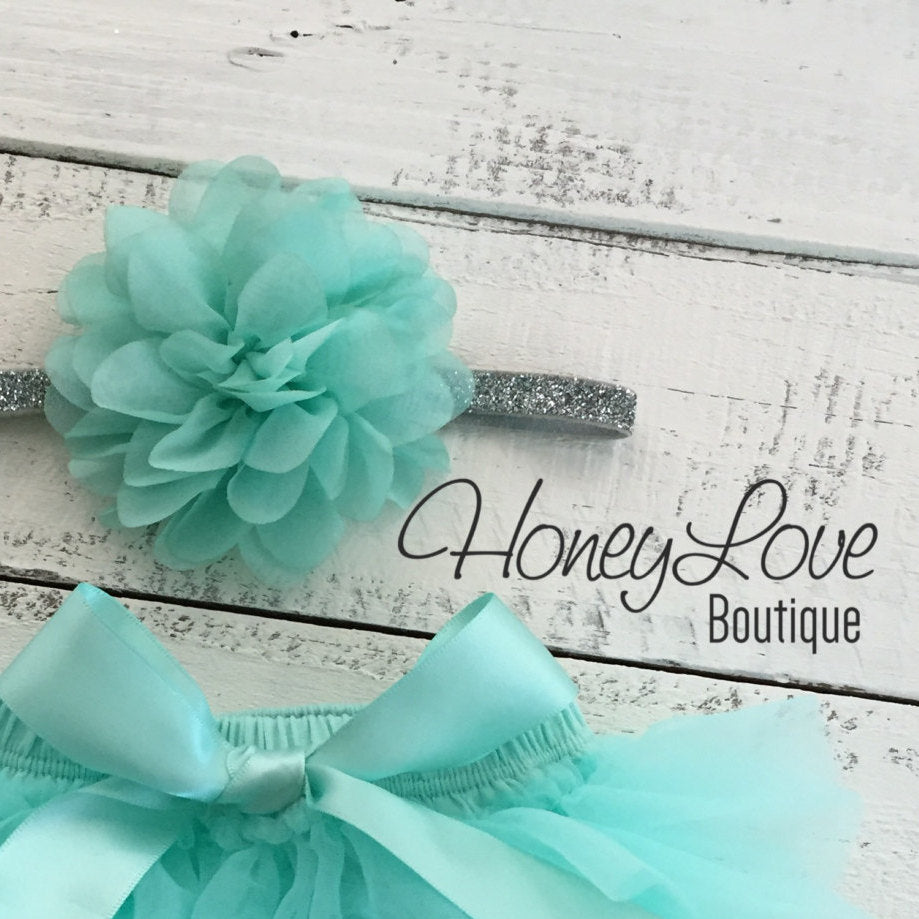 Mint/Aqua fluffy flower headband - SILVER/GOLD glitter elastic - HoneyLoveBoutique