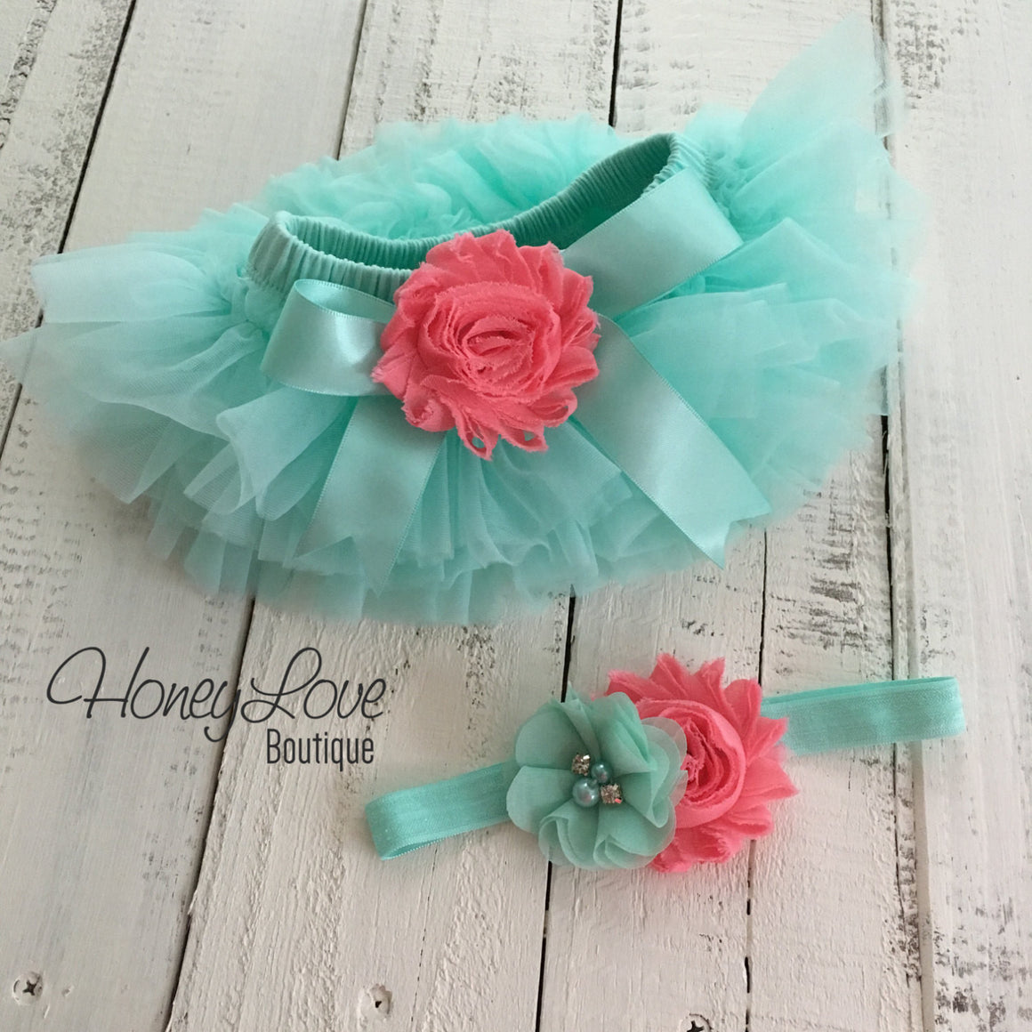 PERSONALIZED Name Outfit - Mint/Aqua and Gold Glitter - Coral flower embellished tutu skirt bloomers - HoneyLoveBoutique