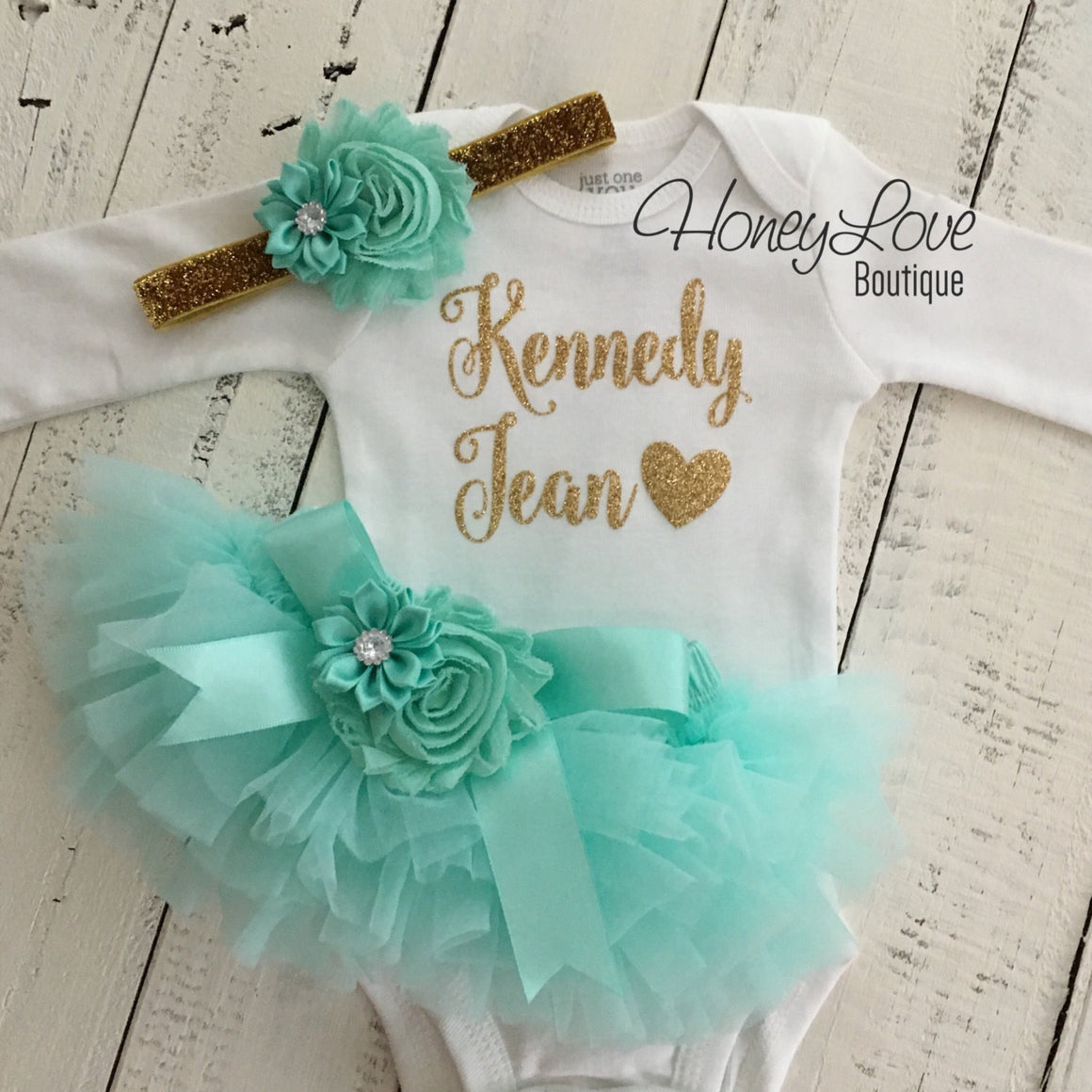 PERSONALIZED Name Outfit - Gold Glitter and Mint/Aqua - Embellished bloomers - HoneyLoveBoutique