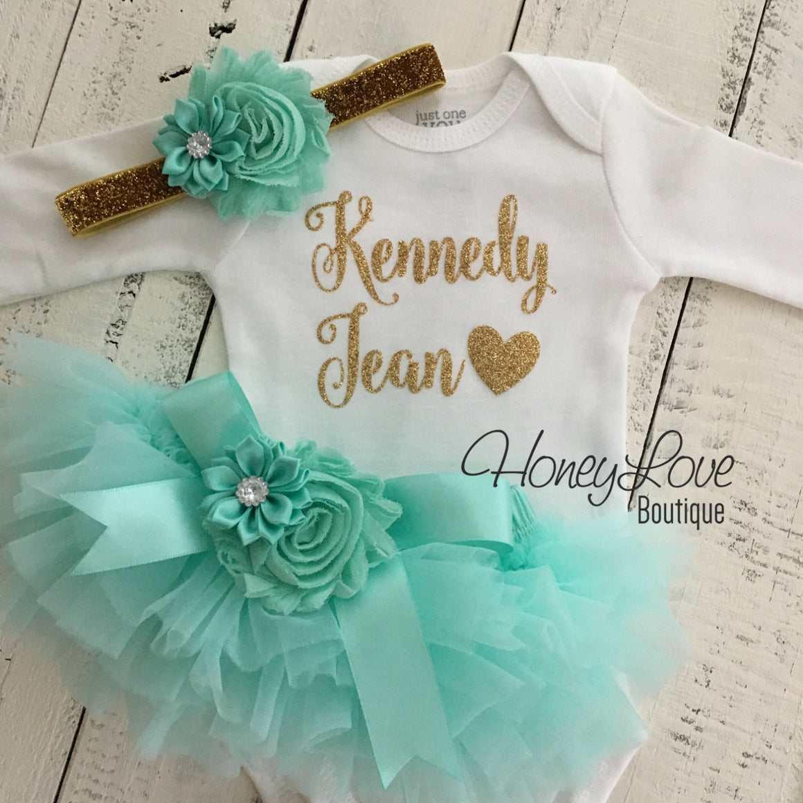 PERSONALIZED Name Outfit - Gold Glitter and Mint/Aqua - Embellished bloomers - HoneyLoveBoutique