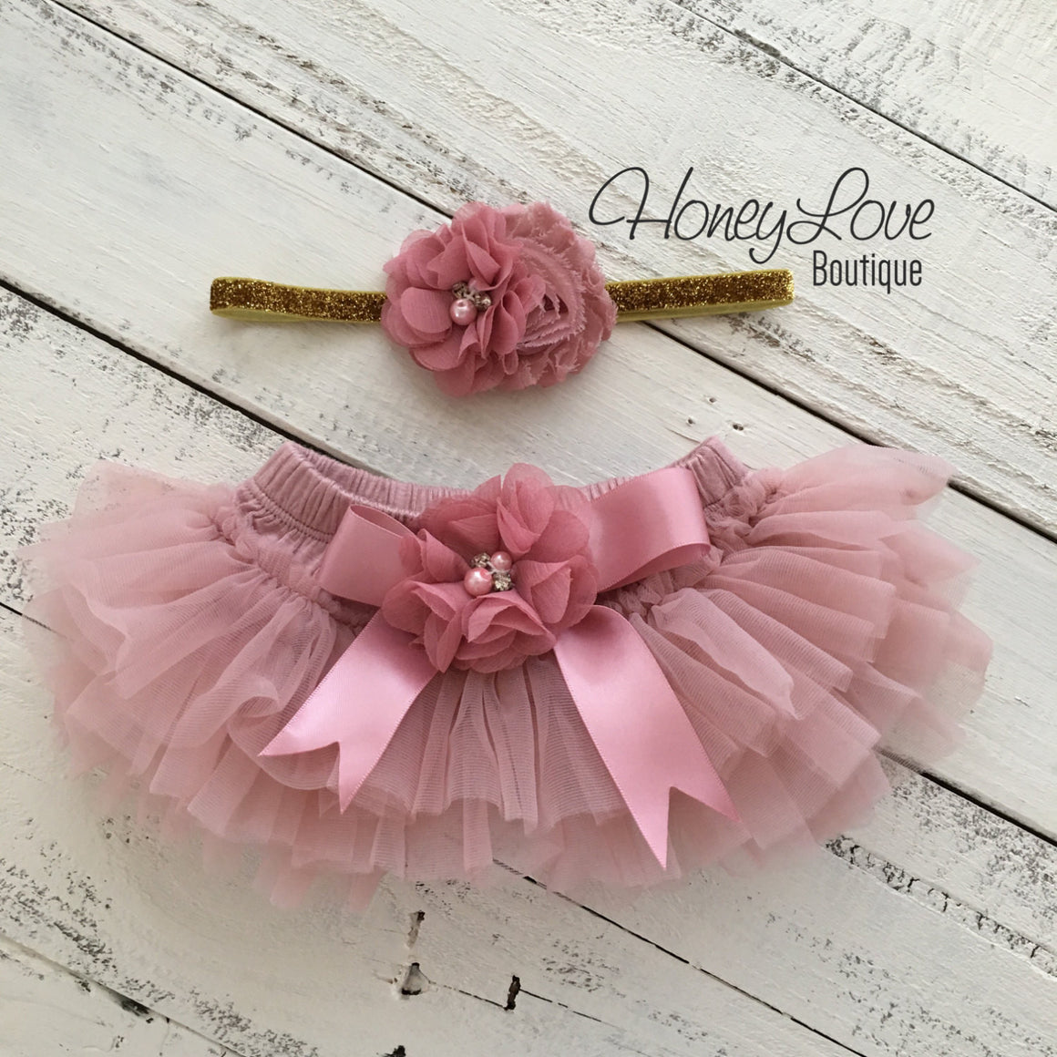 Vintage Pink tutu skirt bloomers and gold glitter headband - embellished bloomers - HoneyLoveBoutique
