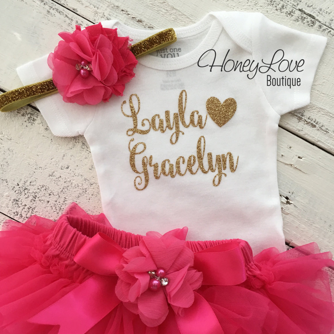 PERSONALIZED Name Outfit - Gold Glitter and Watermelon/Hot Pink - embellished bloomer - HoneyLoveBoutique