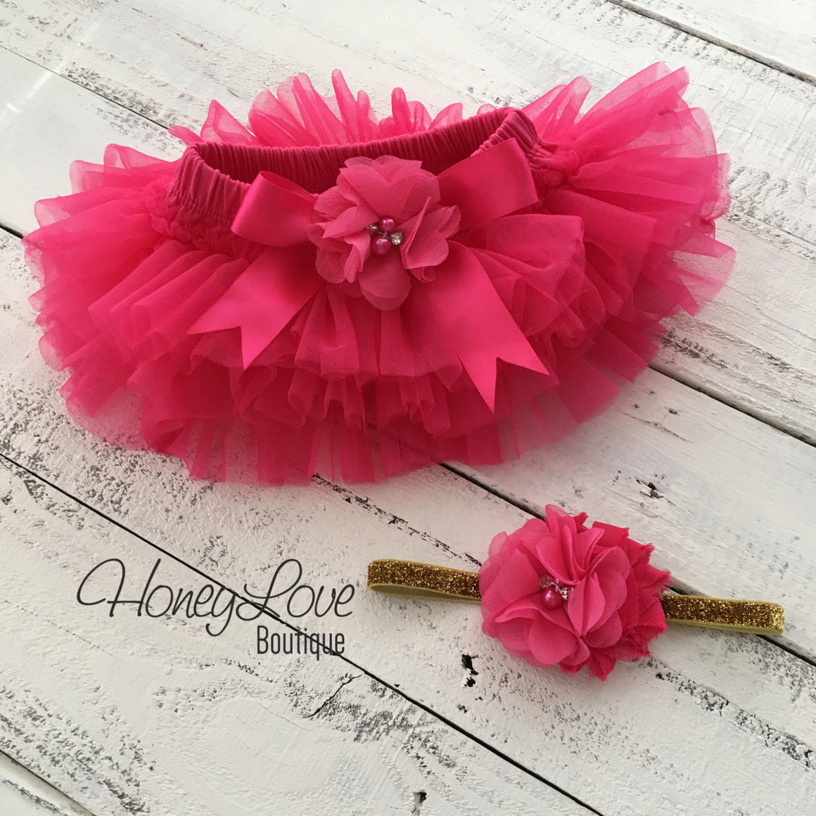 Watermelon Pink tutu skirt bloomers and gold glitter headband - embellished bloomer - HoneyLoveBoutique