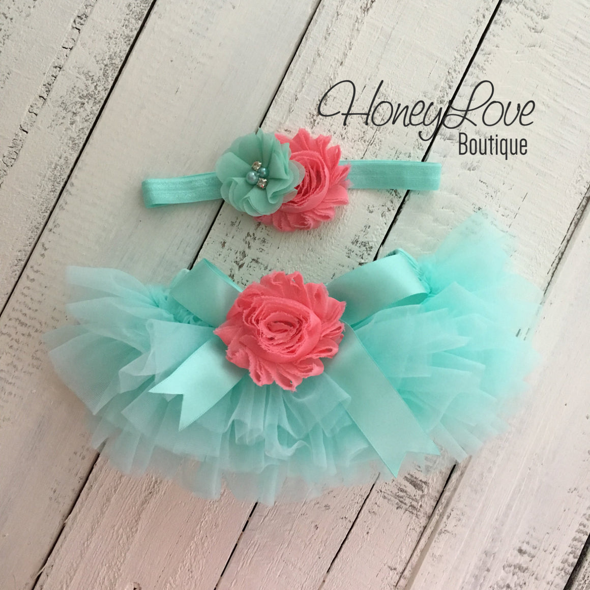 Mint/Aqua/Coral Embellished tutu skirt bloomers and headband - HoneyLoveBoutique