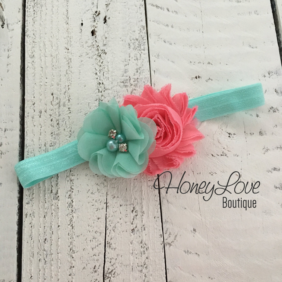 Mint/Aqua/Coral Embellished tutu skirt bloomers and headband - HoneyLoveBoutique