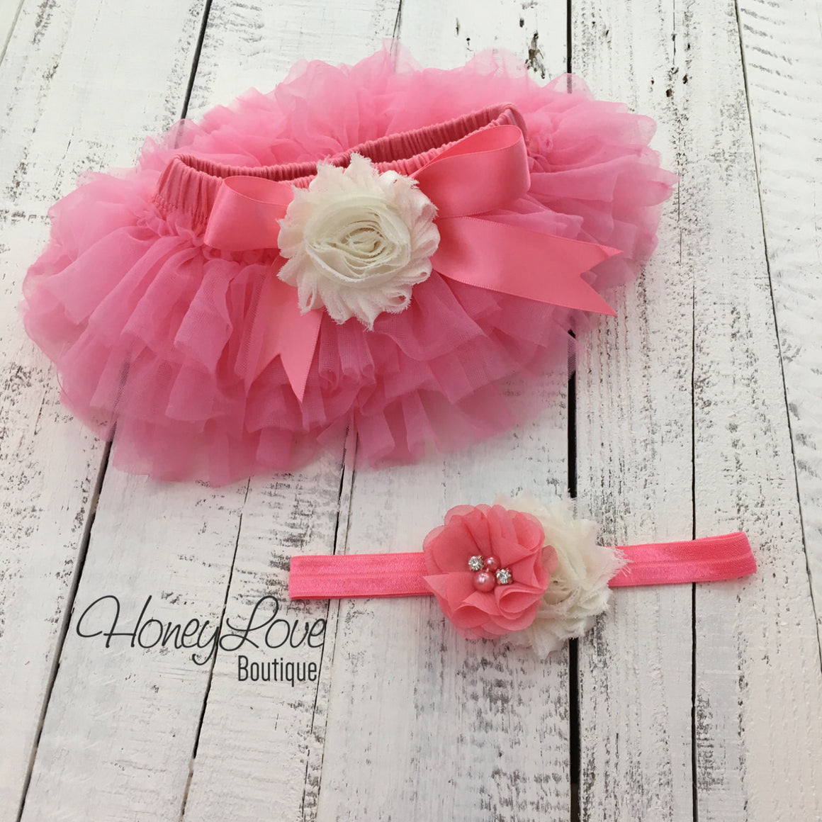 Coral Pink/Ivory Embellished tutu skirt bloomers and headband - HoneyLoveBoutique