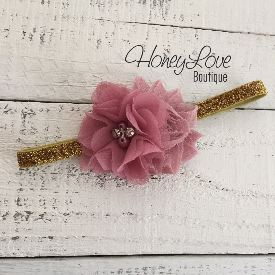 Vintage Pink shabby flower with rhinestones and pearls on Silver/Gold glitter headband - HoneyLoveBoutique