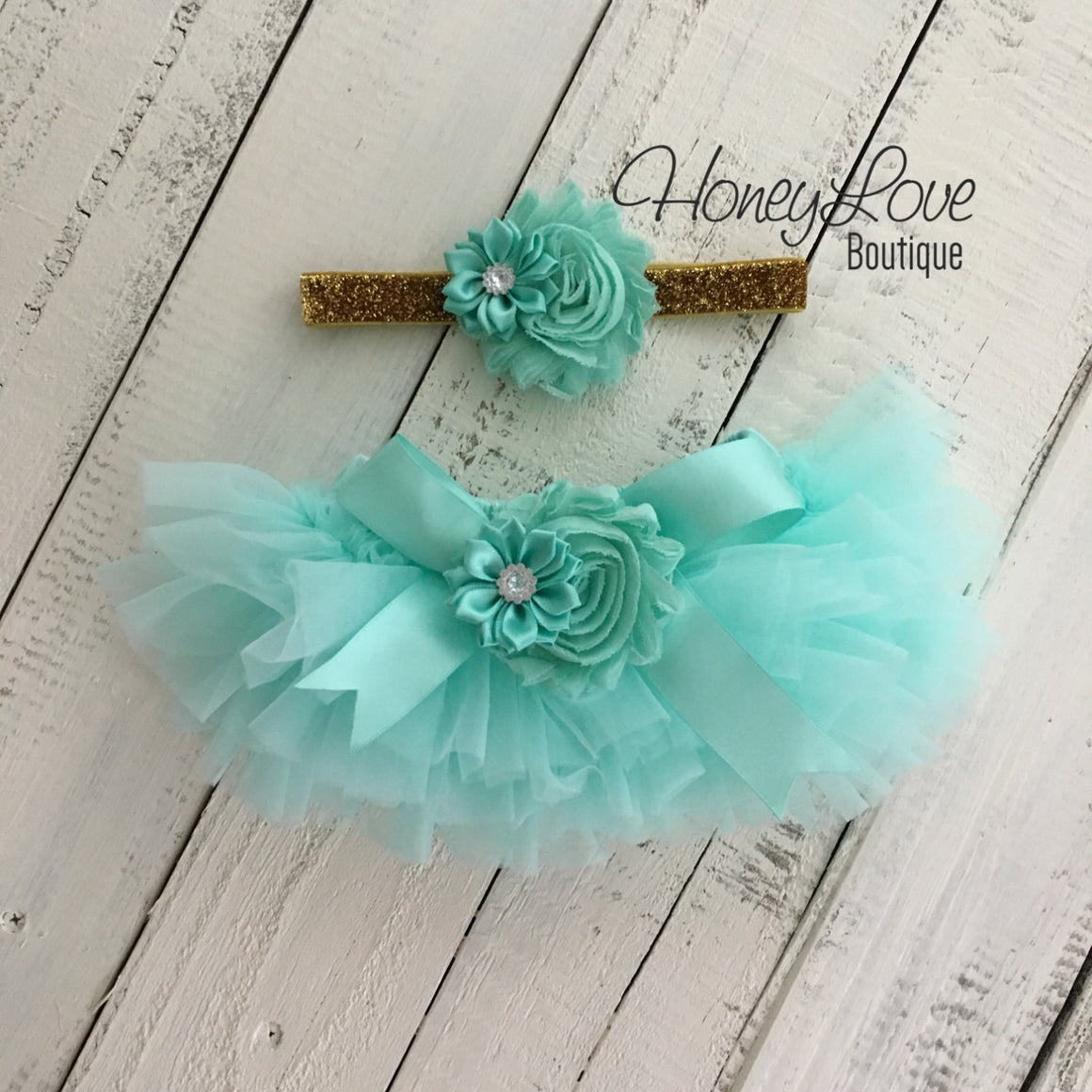 Mint/Aqua Embellished tutu skirt bloomers and gold glitter headband - HoneyLoveBoutique