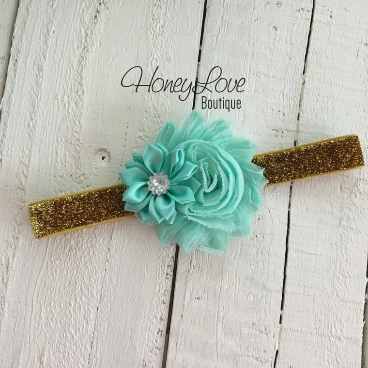 Mint/Aqua - Shabby Flower and Satin Flower Rhinestone - Gold Glitter Headband - HoneyLoveBoutique