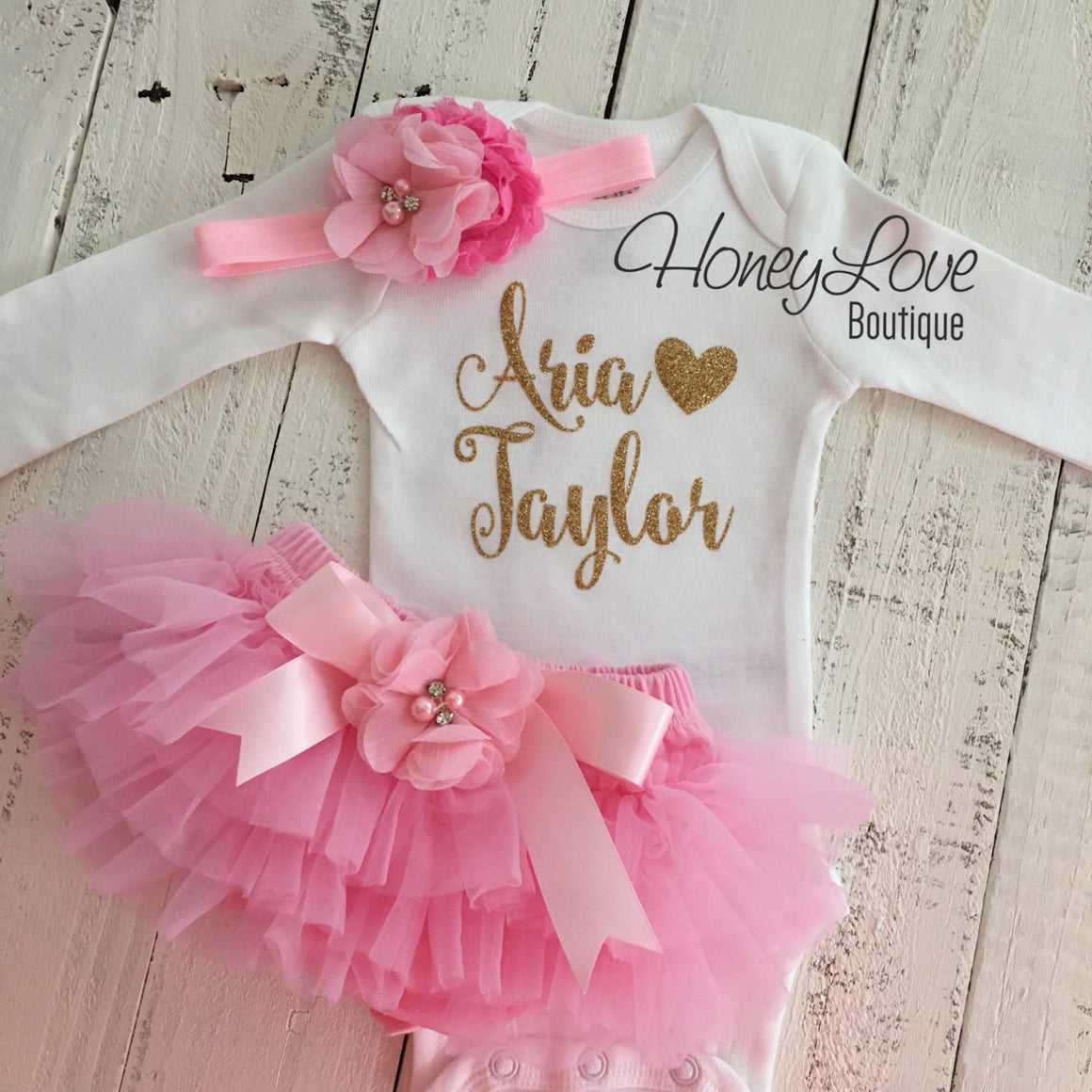 PERSONALIZED Name Outfit - Gold Glitter and Light Pink - Embellished bloomers - HoneyLoveBoutique