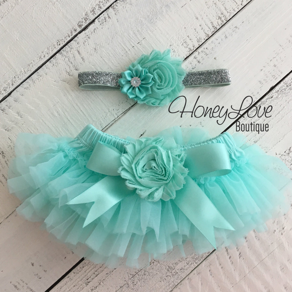 Mint/Aqua Embellished tutu skirt bloomers and silver glitter headband - HoneyLoveBoutique