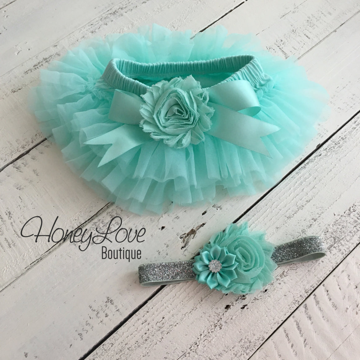 Mint/Aqua Embellished tutu skirt bloomers and silver glitter headband - HoneyLoveBoutique
