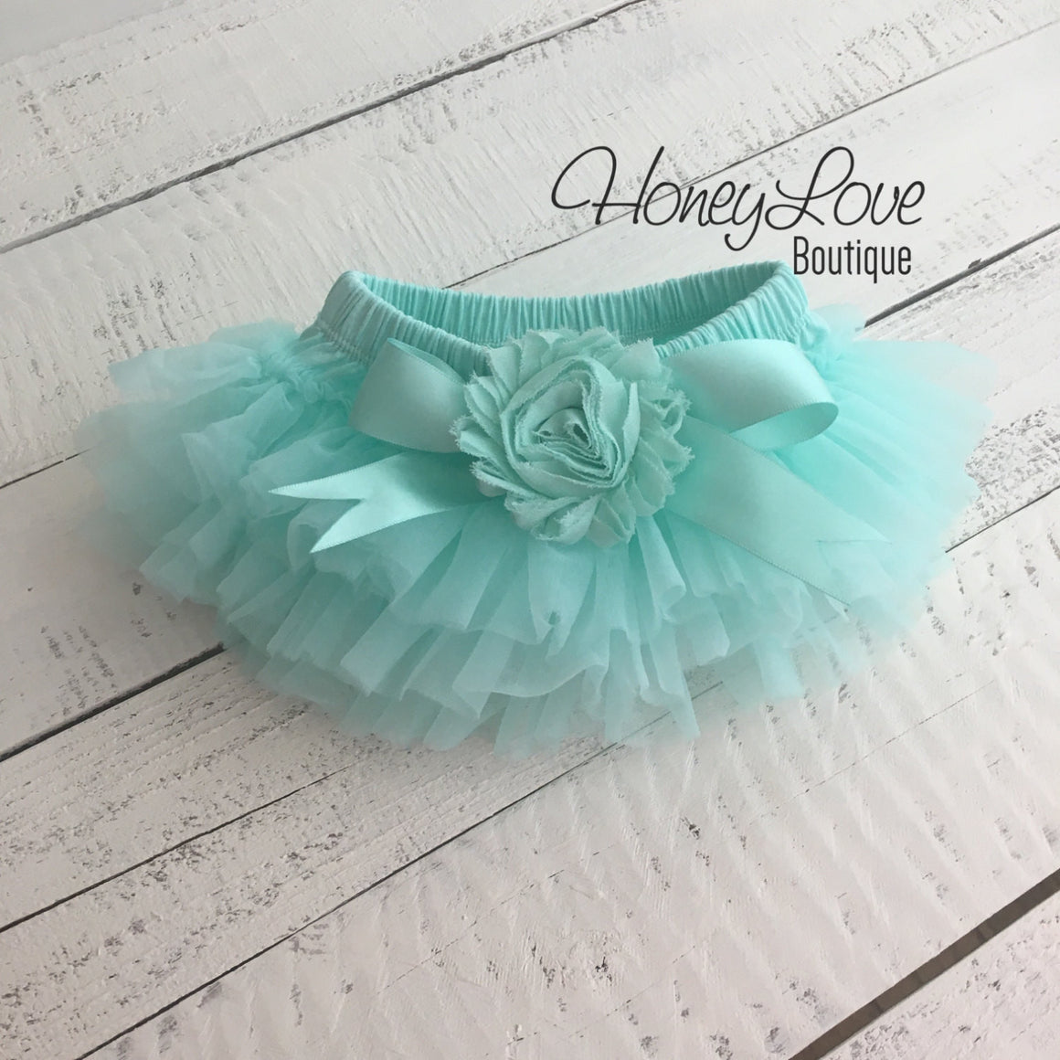 Mint/Aqua Embellished tutu skirt bloomers and silver glitter headband - HoneyLoveBoutique