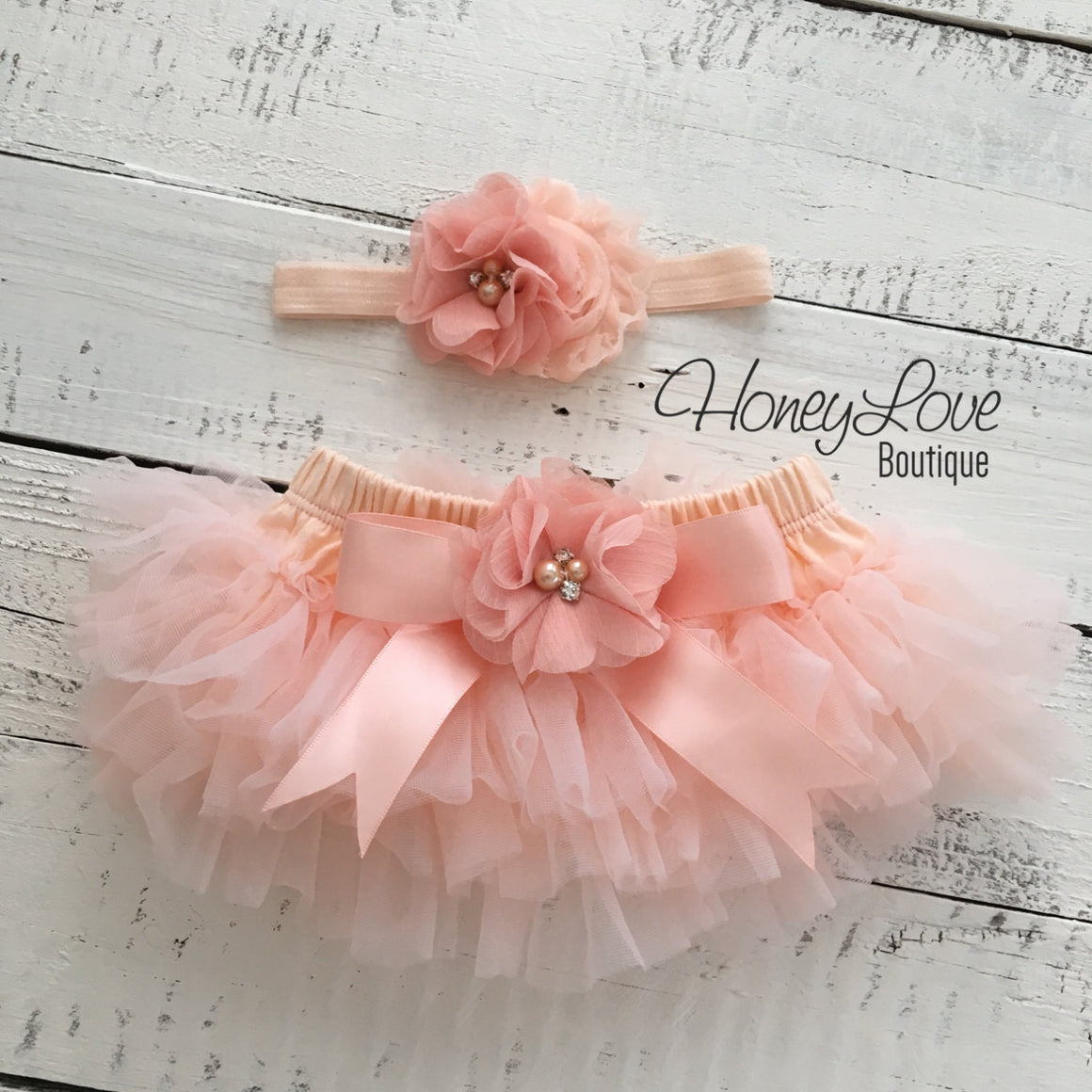 Peach tutu skirt bloomers and headband - Embellished bloomers - HoneyLoveBoutique