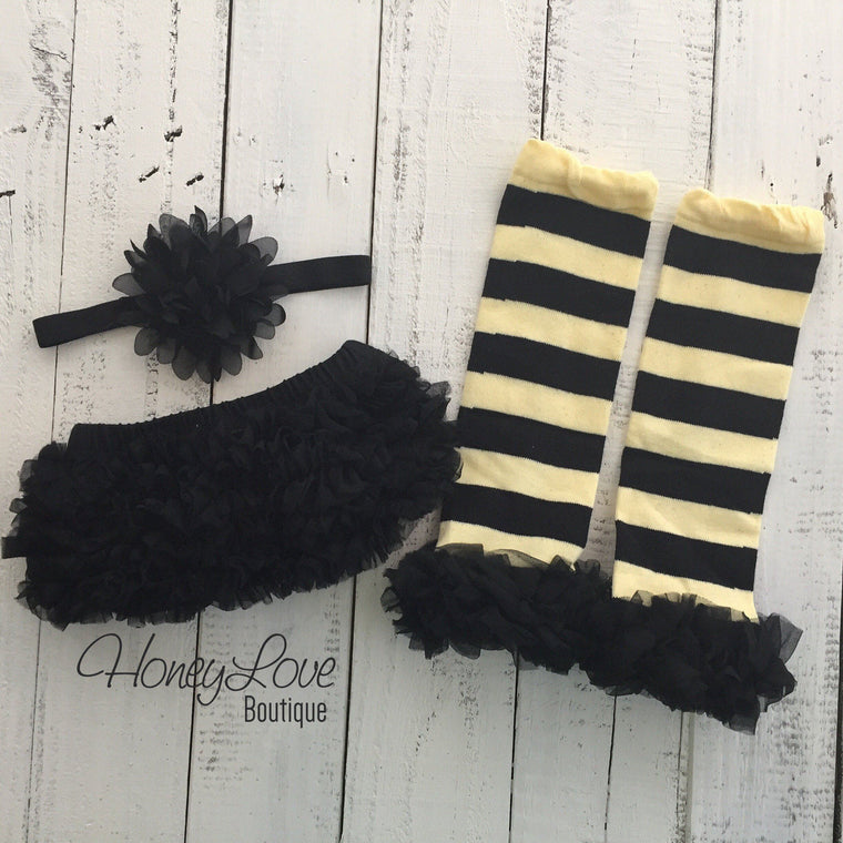 Yellow and Black Bumble Bee leg warmers, black ruffle bottom bloomer, matching flower headband - HoneyLoveBoutique