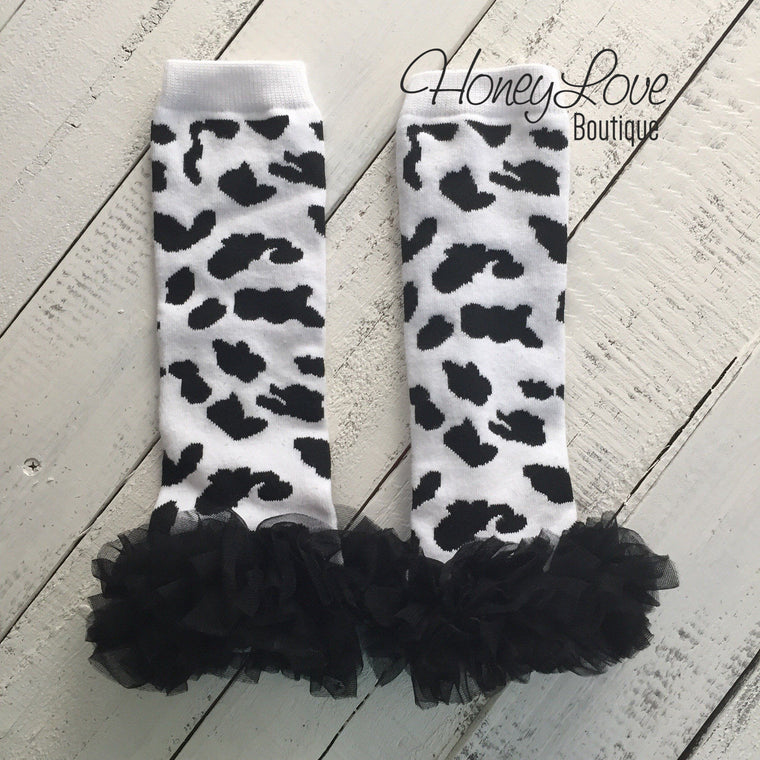 Leg Warmers - Cow Print with black ruffle - HoneyLoveBoutique