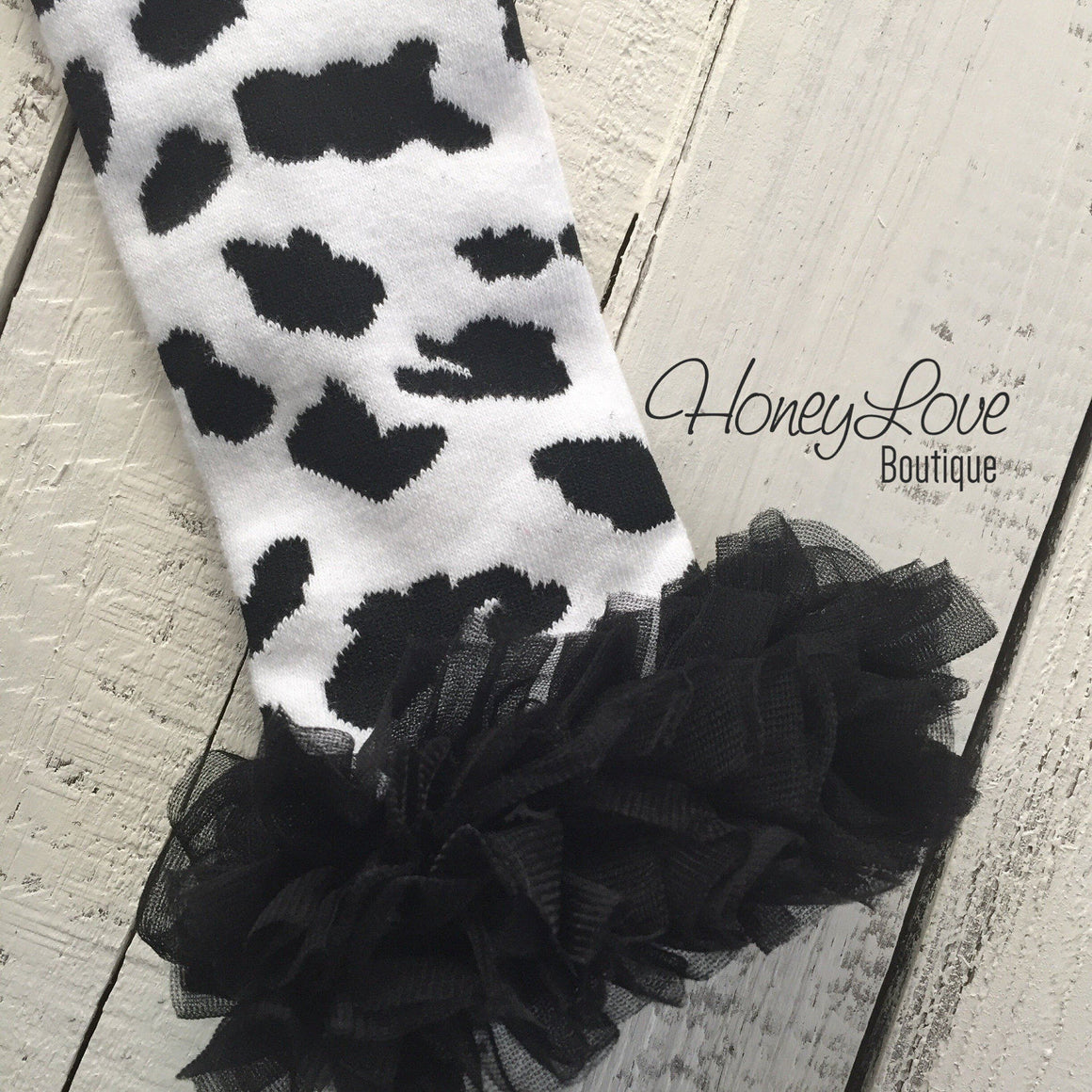 Leg Warmers - Cow Print with black ruffle - HoneyLoveBoutique