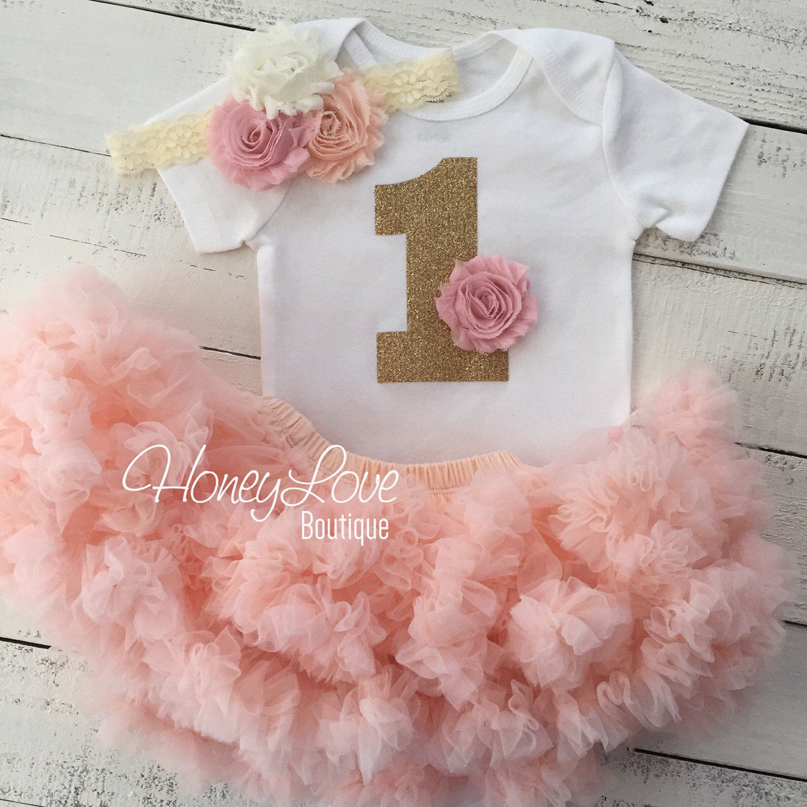 1st Birthday Outfit - Peach, Blush Pink and Ivory - HoneyLoveBoutique