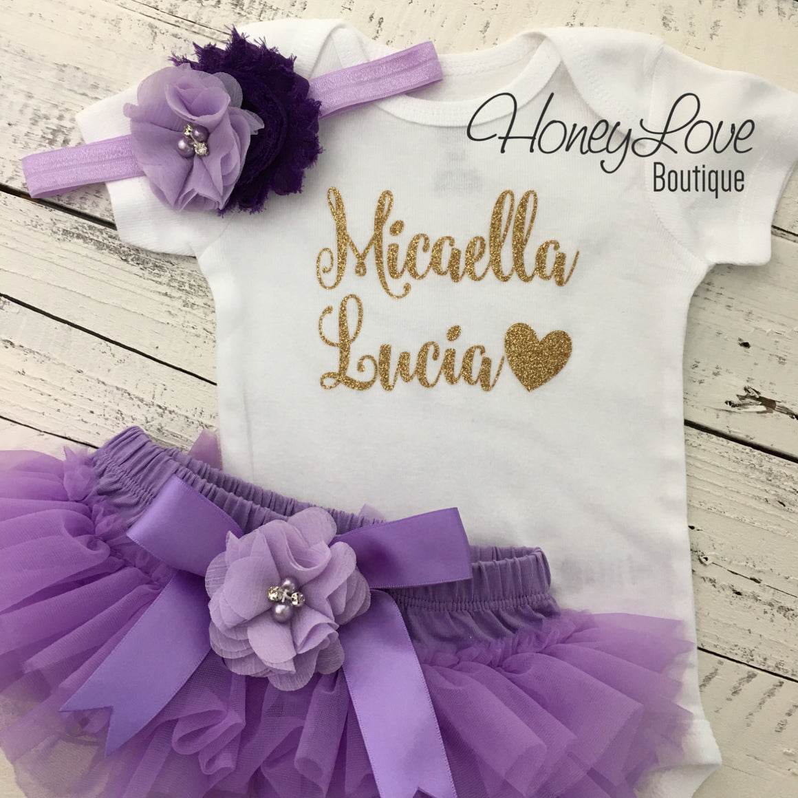 PERSONALIZED Name Outfit - Gold Glitter and Lavender Purple - embellished bloomers - HoneyLoveBoutique