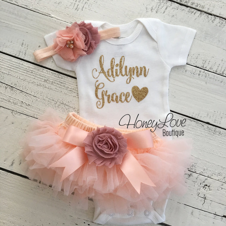 PERSONALIZED Name Outfit - Gold glitter and Peach/Vintage Pink - embellished tutu skirt bloomers - HoneyLoveBoutique