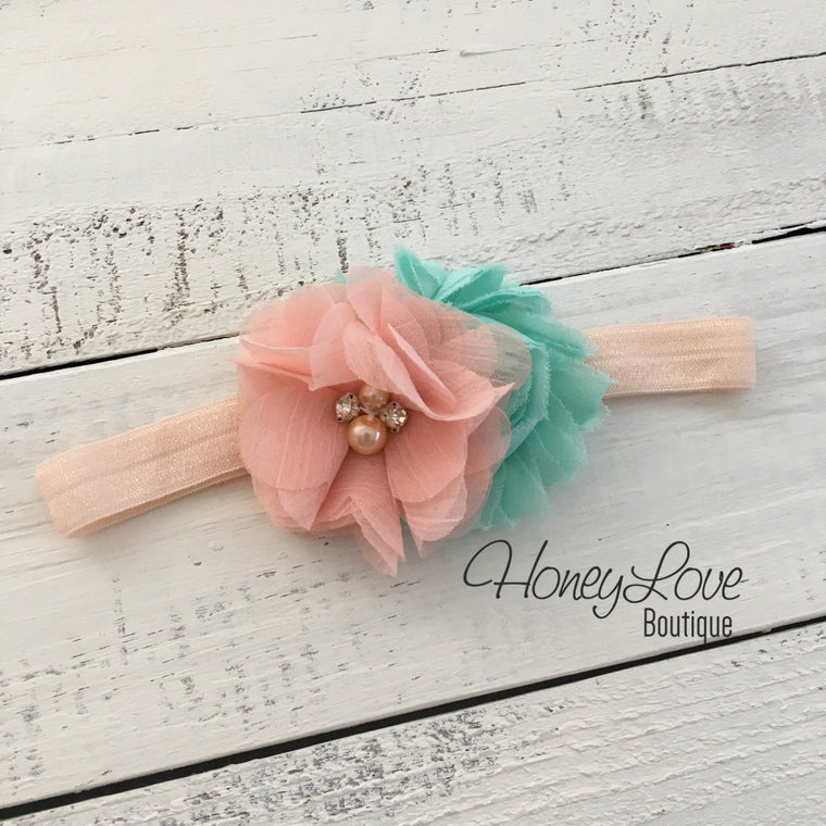 Peach and Mint/Aqua shabby chiffon flower rhinestone/pearl headband - HoneyLoveBoutique