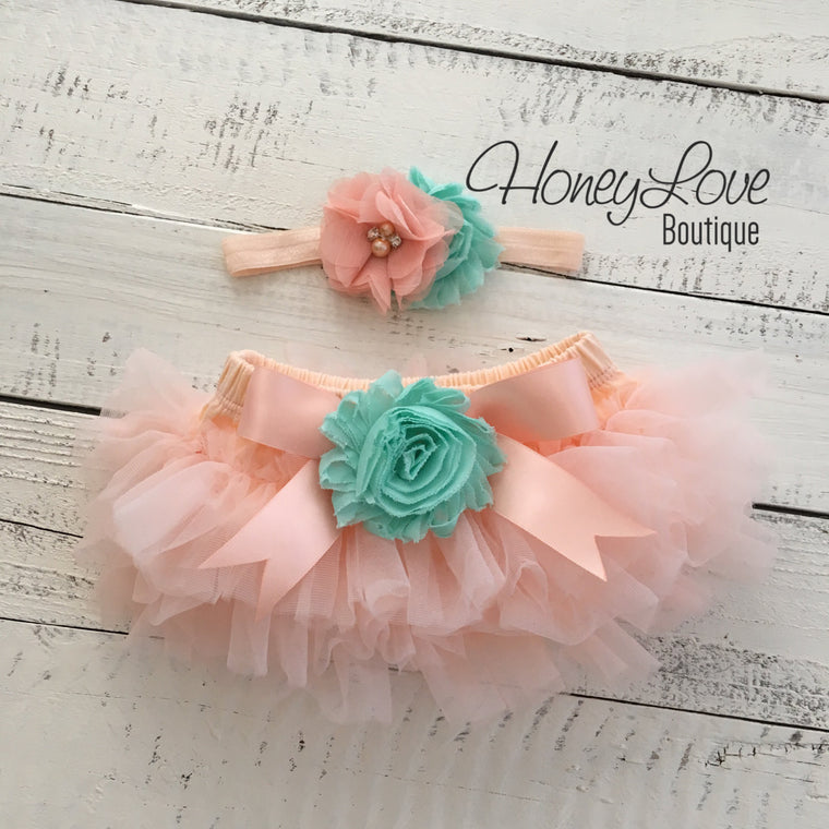 Peach and Mint/Aqua tutu skirt bloomers and headband - Embellished bloomers - HoneyLoveBoutique