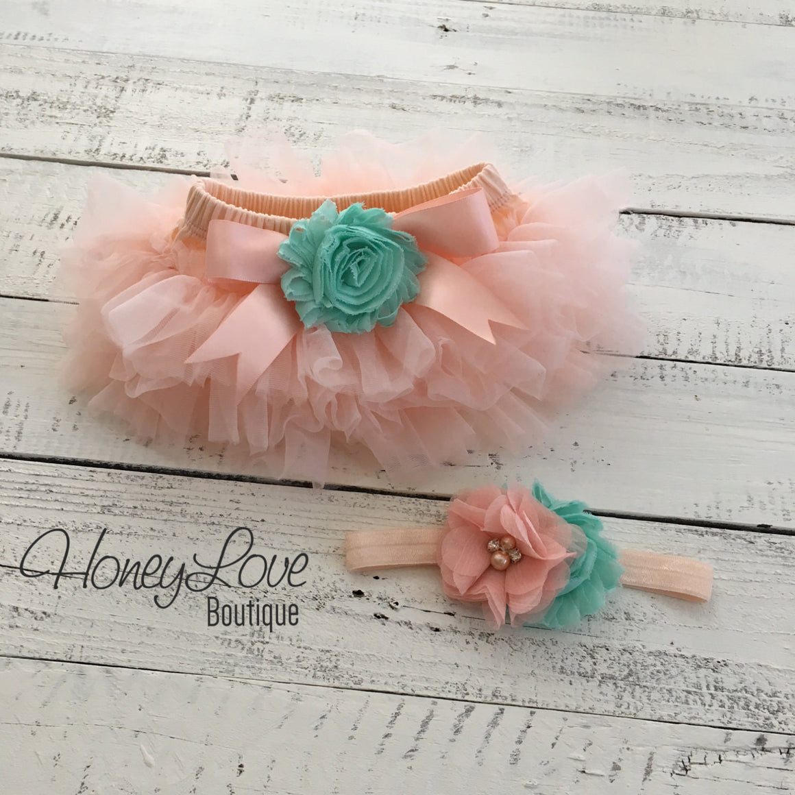 Peach and Mint/Aqua tutu skirt bloomers and headband - Embellished bloomers - HoneyLoveBoutique