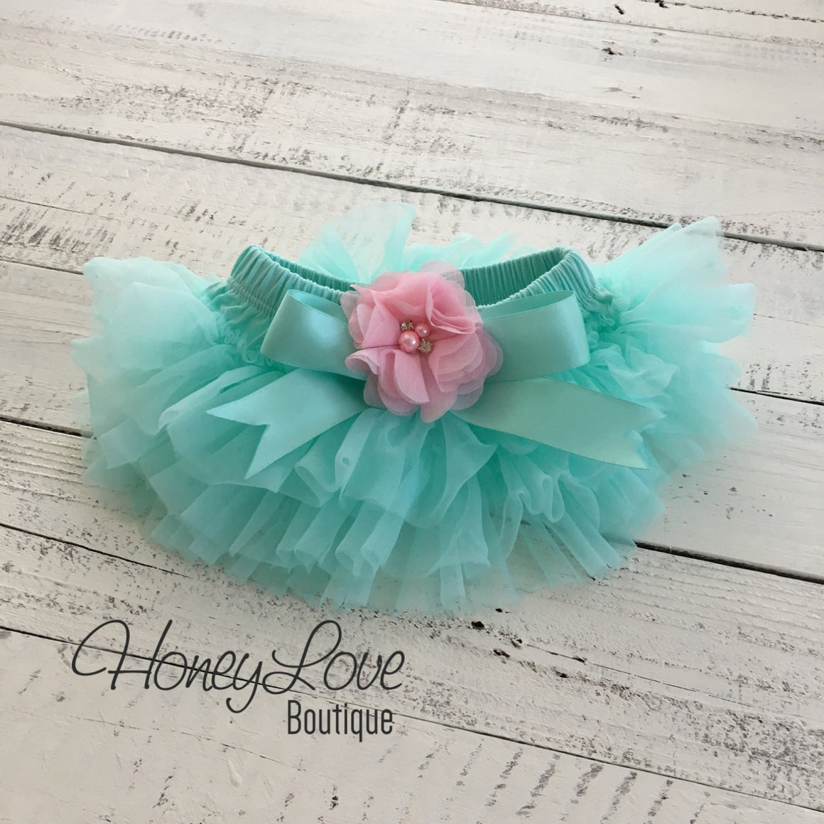 Mint/Aqua and Light Pink Embellished tutu skirt bloomers - HoneyLoveBoutique