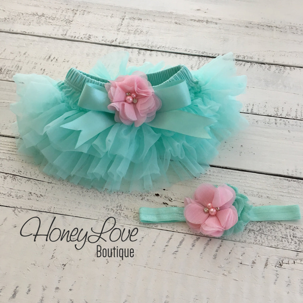 Mint/Aqua and Light Pink Embellished tutu skirt bloomers and headband - HoneyLoveBoutique