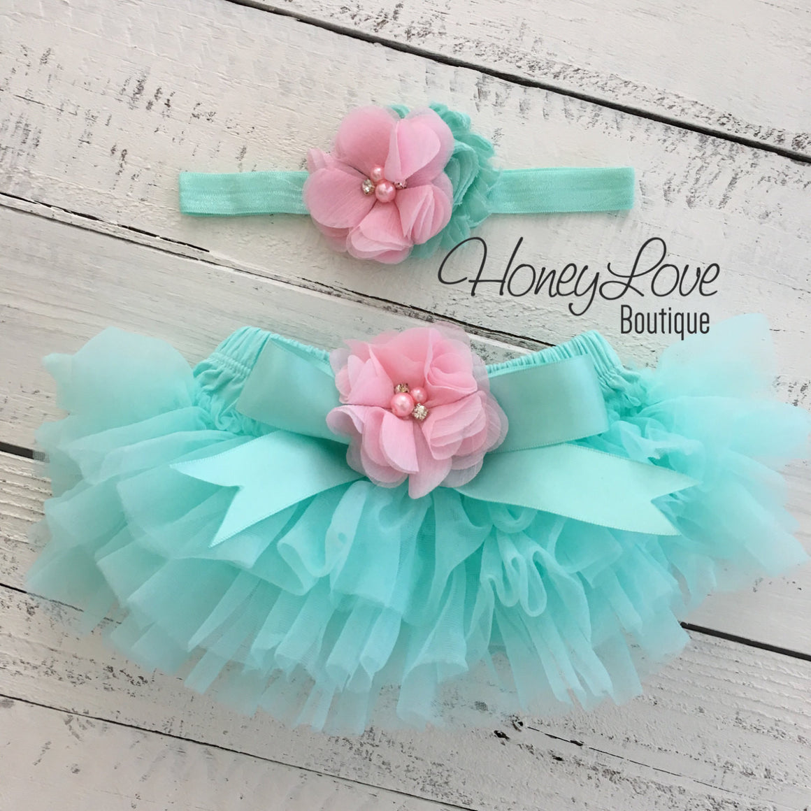 Mint/Aqua and Light Pink Embellished tutu skirt bloomers and headband - HoneyLoveBoutique