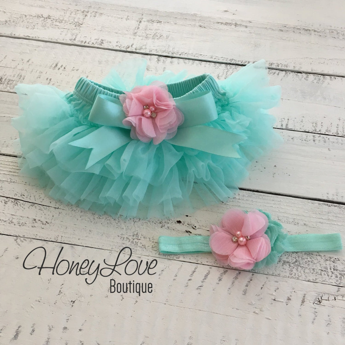 PERSONALIZED Name Outfit - Mint/Aqua and Silver Glitter - Light Pink flower embellished tutu skirt bloomers - HoneyLoveBoutique