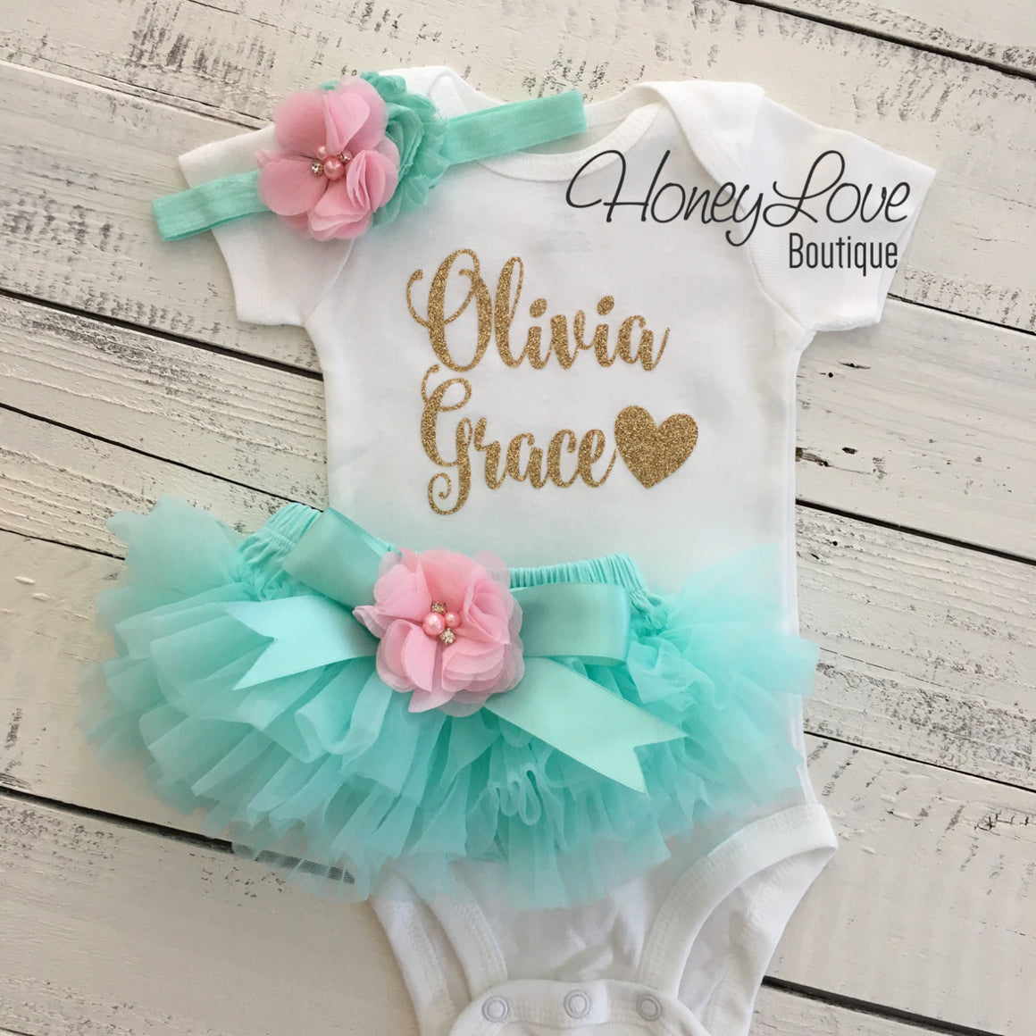 PERSONALIZED Name Outfit - Mint/Aqua and Gold Glitter - Light Pink flower embellished tutu skirt bloomers - HoneyLoveBoutique