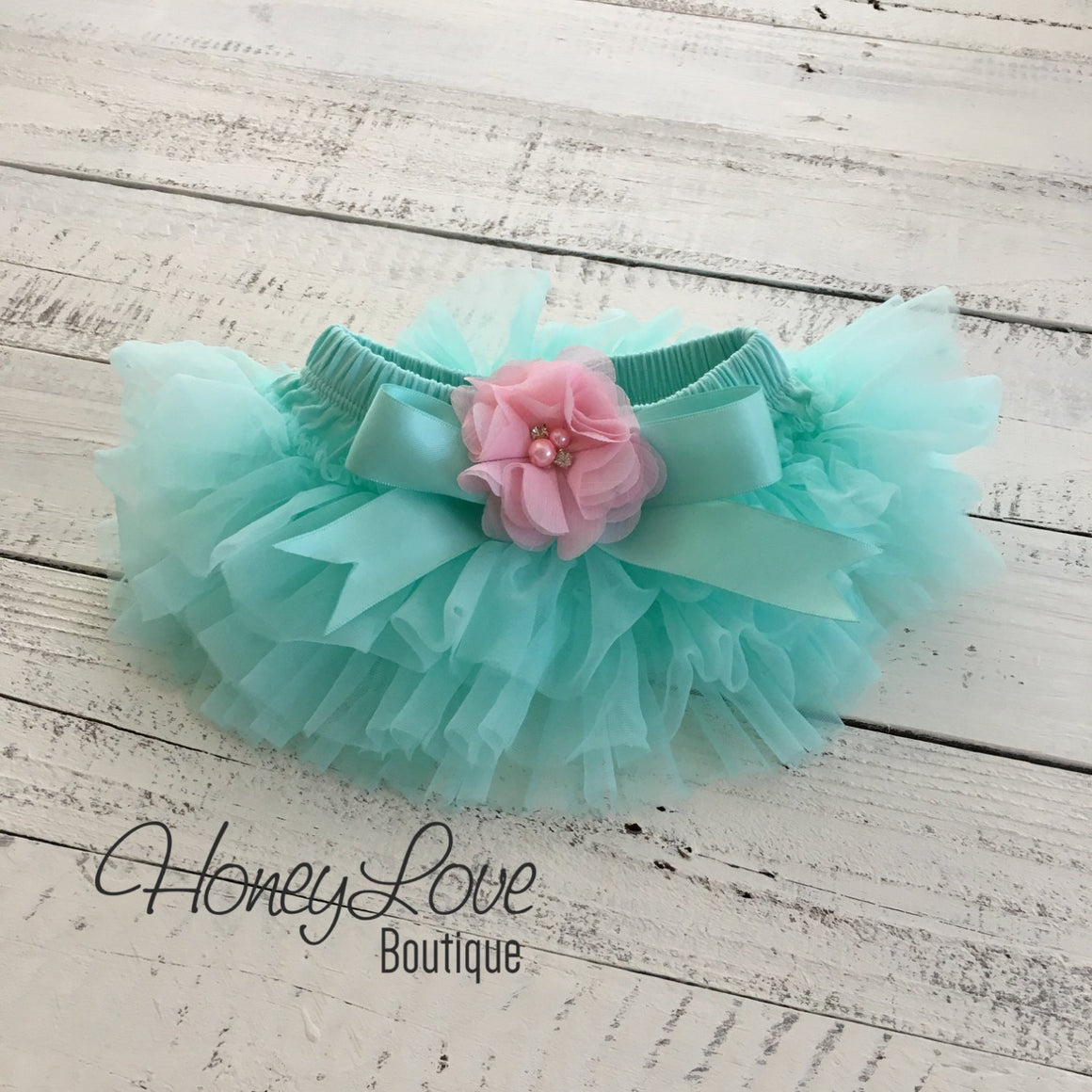 PERSONALIZED Name Outfit - Mint/Aqua and Silver Glitter - Light Pink flower embellished tutu skirt bloomers - HoneyLoveBoutique